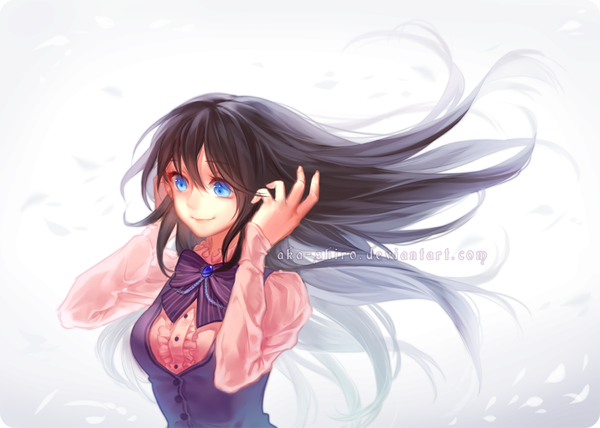 Anime picture 1024x731 with aka-shiro single long hair fringe blue eyes black hair smile looking away wind girl shirt bowtie vest buttons brooch