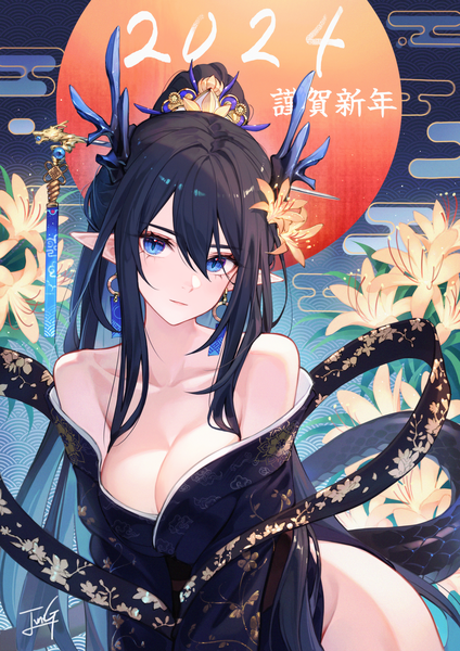 Anime picture 2827x4000 with original baek hyang single long hair tall image looking at viewer fringe highres breasts blue eyes light erotic black hair hair between eyes large breasts cleavage ponytail tail horn (horns) pointy ears new year