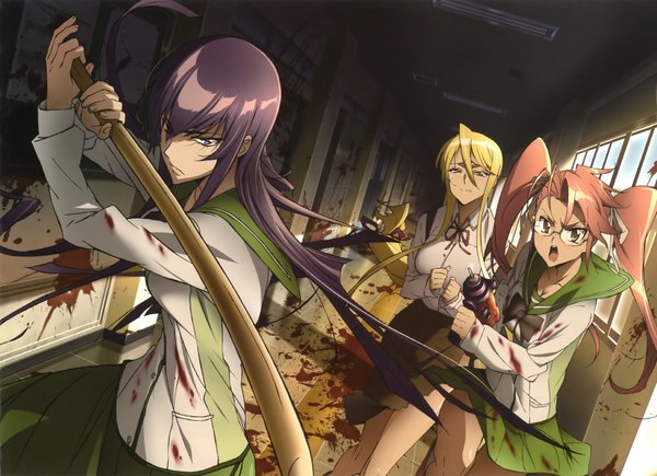 Anime picture 3291x2388 with highschool of the dead madhouse busujima saeko takagi saya marikawa shizuka long hair highres open mouth blue eyes blonde hair twintails multiple girls brown eyes pink hair absurdres purple hair torn clothes girl weapon glasses