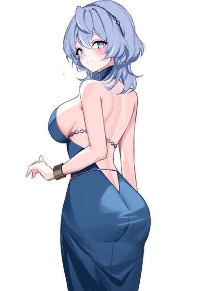 Anime picture 2894x4093 with blue archive ako (blue archive) ako (dress) (blue archive) ya ta single long hair tall image looking at viewer blush fringe highres breasts blue eyes light erotic simple background hair between eyes large breasts standing white background blue hair