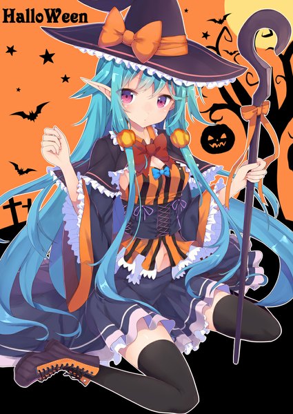 Anime picture 840x1185 with original abusoru single tall image looking at viewer blush sitting purple eyes very long hair pointy ears aqua hair halloween witch orange background girl thighhighs black thighhighs hat animal witch hat