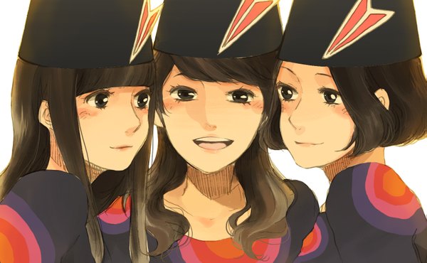 Anime picture 1511x932 with perfume (group) ayano omoto (nocchi) yuka kashino (kashiyuka) ayaka ishiwaki (a-chan) riya (artist) long hair blush short hair open mouth smile brown hair wide image multiple girls brown eyes girl hat 3 girls