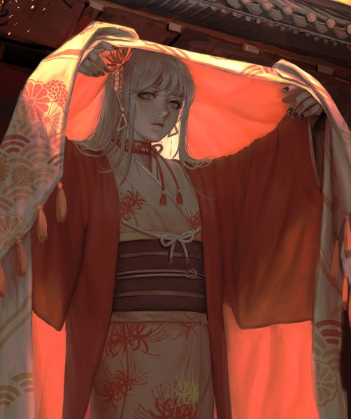 Anime picture 1920x2295 with original usukuchi (impasto life) single long hair tall image looking at viewer fringe highres hair between eyes standing payot nail polish traditional clothes japanese clothes fingernails lips grey hair realistic arms up grey eyes