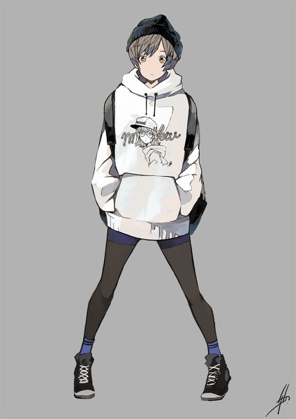 Anime picture 848x1200 with original nanakawa (nanasoon) single tall image looking at viewer short hair simple background standing signed full body grey hair grey background grey eyes hands in pockets girl pantyhose shoes black pantyhose hood hoodie