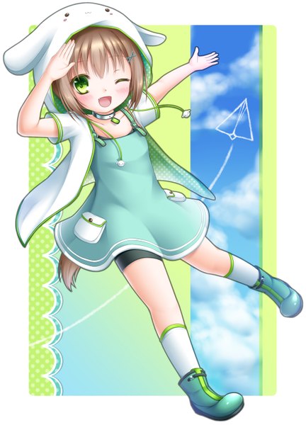 Anime picture 1000x1389 with original shitou single tall image blush short hair open mouth brown hair green eyes one eye closed wink loli girl socks white socks