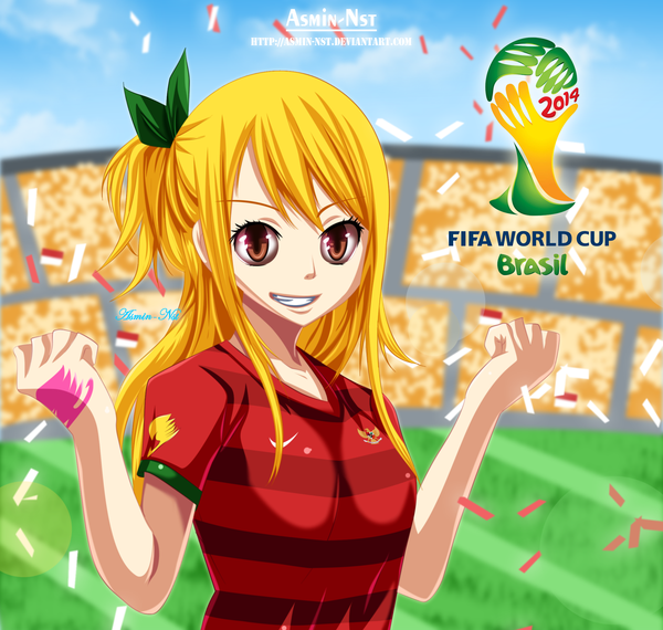 Anime picture 2197x2088 with fairy tail nike world cup 2014 fifa world cup lucy heartfilia iitheluciferii single long hair highres blonde hair smile brown eyes sky cloud (clouds) inscription tattoo one side up grin coloring girl