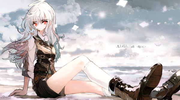 Anime picture 1000x558 with original algl rolando asahiro single long hair looking at viewer fringe hair between eyes red eyes wide image sitting signed sky cloud (clouds) full body outdoors white hair multicolored hair wind