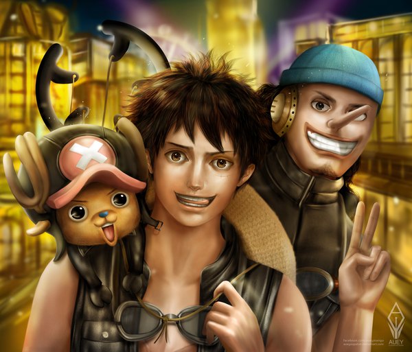 Anime picture 4724x4044 with one piece one piece film: gold toei animation monkey d. luffy tony tony chopper usopp auey supaluk looking at viewer fringe highres short hair open mouth black hair smile brown eyes signed absurdres upper body horn (horns) black eyes