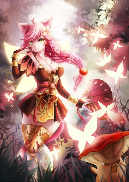 Anime picture 1240x1754 with seven knights miya (zawarudo) long hair tall image looking at viewer fringe breasts smile large breasts standing green eyes animal ears pink hair cleavage ahoge tail braid (braids) animal tail hair flower cat ears