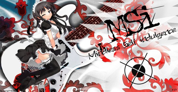 Anime picture 2000x1043 with k.g single highres blue eyes black hair wide image one eye closed wink maid girl thighhighs shoes hairband