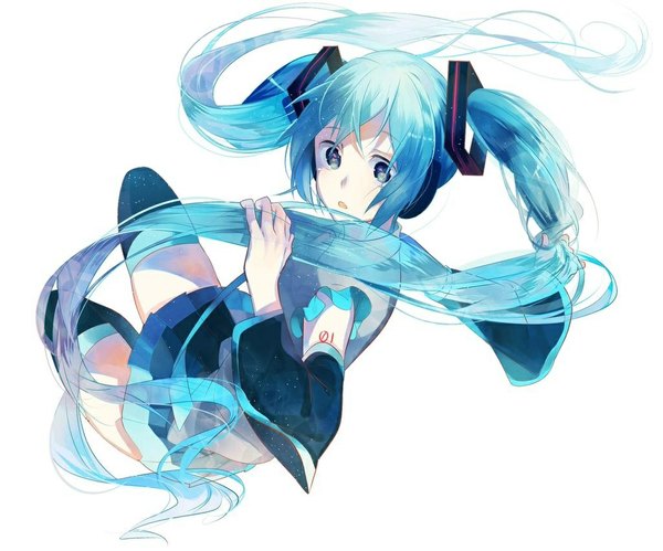 Anime picture 1024x853 with vocaloid hatsune miku omutatsu single open mouth simple background white background twintails looking away pleated skirt looking back aqua eyes aqua hair wide sleeves girl skirt detached sleeves miniskirt necktie