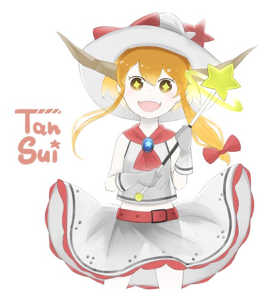 Anime picture 1117x1216 with touhou ibuki suika crazyoton46 single long hair tall image looking at viewer fringe open mouth simple background blonde hair smile white background horn (horns) midriff alternate costume symbol-shaped pupils pale skin girl skirt