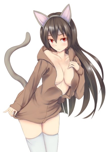 Anime picture 871x1200 with original konkito single long hair tall image looking at viewer blush breasts light erotic black hair simple background red eyes white background animal ears tail animal tail cat ears cat girl cat tail fake animal ears