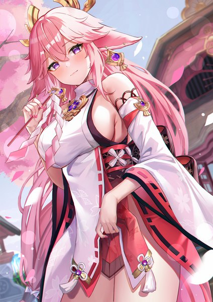 Anime picture 4950x7000 with genshin impact yae miko eric (tianqijiang) single long hair tall image looking at viewer blush fringe highres breasts light erotic hair between eyes large breasts standing purple eyes holding animal ears pink hair absurdres