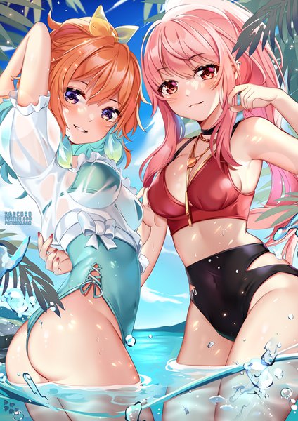 Anime picture 884x1250 with virtual youtuber hololive hololive english mori calliope takanashi kiara squchan long hair tall image looking at viewer blush fringe short hair breasts light erotic smile hair between eyes red eyes large breasts standing purple eyes