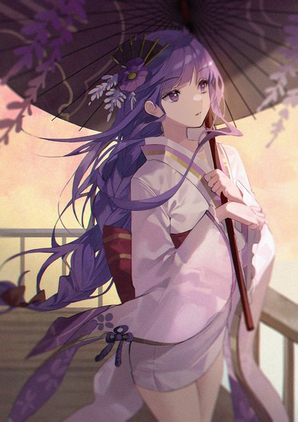 Anime picture 1500x2122 with genshin impact makoto (genshin impact) buri (retty9349) single long hair tall image fringe standing purple eyes holding looking away purple hair blunt bangs braid (braids) traditional clothes japanese clothes wide sleeves single braid spoilers girl