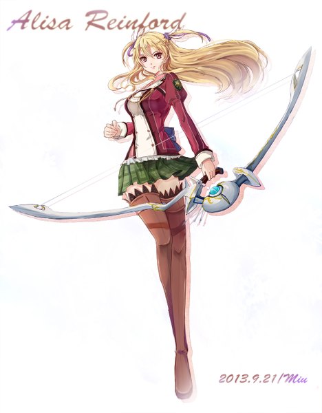Anime picture 1000x1283 with eiyuu densetsu falcom (studio) alisa leinfort miu (lfalsita01) single long hair tall image looking at viewer blonde hair simple background white background signed pink eyes character names dated girl skirt weapon thigh boots bow (weapon)