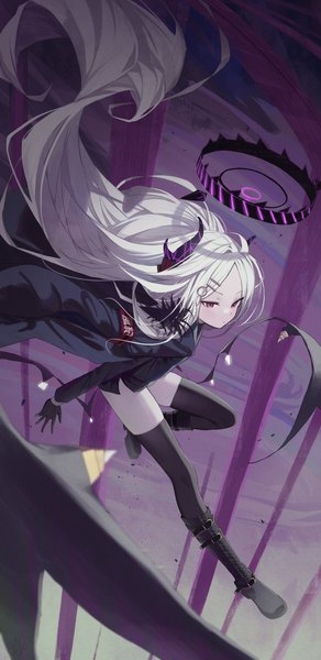 Anime picture 1800x3697 with blue archive hina (blue archive) hidulume single tall image highres purple eyes looking away silver hair full body bent knee (knees) very long hair horn (horns) clothes on shoulders girl thighhighs black thighhighs bobby pin halo