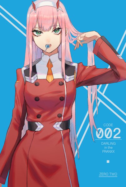 Anime picture 1378x2039 with darling in the franxx studio trigger zero two (darling in the franxx) usuke (u skeeep) single long hair tall image looking at viewer standing holding green eyes pink hair horn (horns) copyright name character names mouth hold adjusting hair blue background food in mouth girl