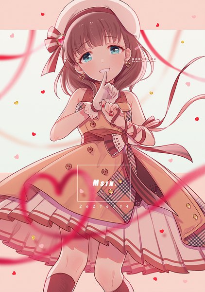 Anime picture 837x1190 with idolmaster idolmaster cinderella girls idolmaster cinderella girls starlight stage sakuma mayu msin single tall image looking at viewer fringe short hair blue eyes smile brown hair standing signed nail polish head tilt from below grin finger to mouth