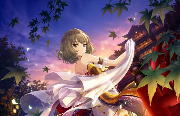 Anime picture 1280x824 with idolmaster idolmaster cinderella girls idolmaster cinderella girls starlight stage takagaki kaede annindoufu (oicon) single looking at viewer blush fringe short hair blue eyes standing bare shoulders green eyes outdoors parted lips looking back green hair from behind night