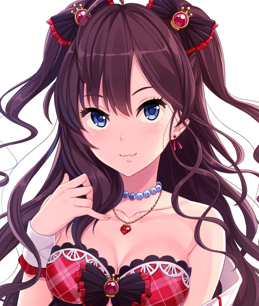 Anime picture 737x869 with idolmaster idolmaster cinderella girls ichinose shiki yuuhi (ages) single long hair tall image looking at viewer blush blue eyes simple background white background bare shoulders purple hair two side up mystic elixir girl bow hair bow pendant