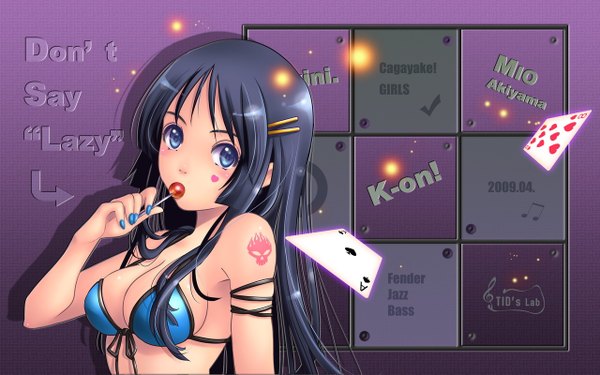 Anime picture 1280x800 with k-on! kyoto animation akiyama mio tidsean blue eyes black hair wide image tattoo bikini top lollipop