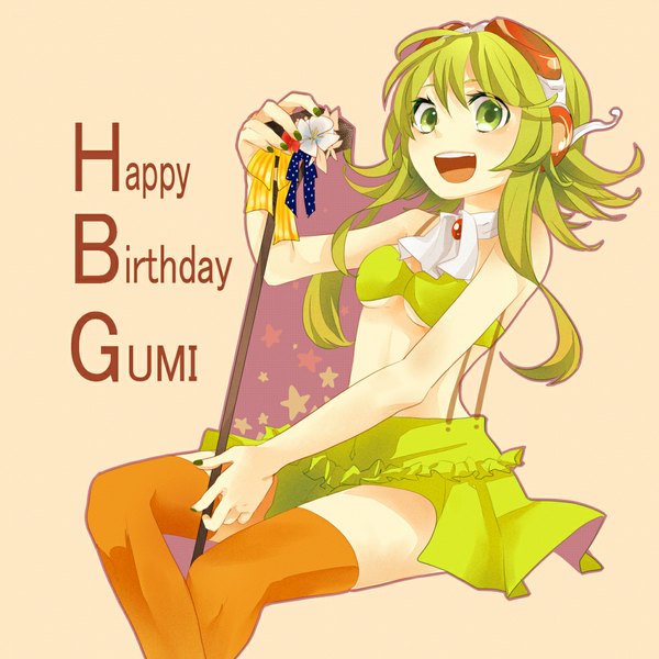 Anime picture 1000x1000 with vocaloid gumi kuronyanko single looking at viewer blush short hair open mouth simple background sitting bare shoulders green eyes nail polish green hair inscription pink background happy birthday girl thighhighs microphone