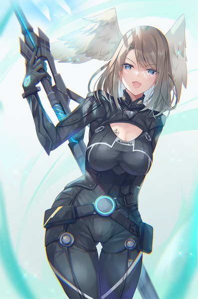 Anime picture 795x1200 with xenoblade xenoblade 3 eunie (xenoblade) inoue takuya (tactactak) single long hair tall image looking at viewer breasts open mouth blue eyes light erotic brown hair large breasts :d thigh gap ass visible through thighs cleavage cutout head wings girl