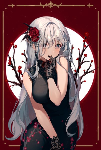 Anime picture 800x1192 with original ttosom single long hair tall image looking at viewer blush fringe breasts simple background smile standing bare shoulders silver hair nail polish traditional clothes hair flower hair over one eye sleeveless floral print