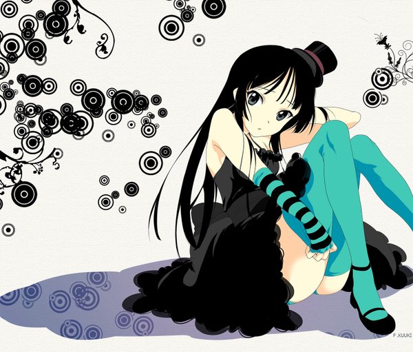 Anime picture 1500x1278 with k-on! kyoto animation akiyama mio fujisaka kuuki single long hair looking at viewer light erotic black hair sitting black eyes pantyshot sitting don't say "lazy" girl thighhighs dress hat black dress mini hat mini top hat