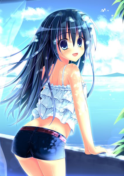 Anime picture 1500x2121 with original angel koman single long hair tall image blush open mouth blue eyes bare shoulders blue hair sky cloud (clouds) looking back girl shorts short shorts