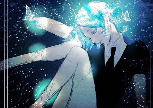 Anime-Bild 1200x843 mit houseki no kuni phosphophyllite kuroe (pixiv5268156) single looking at viewer short hair profile aqua eyes aqua hair androgynous butterfly on hand amputee necktie insect butterfly