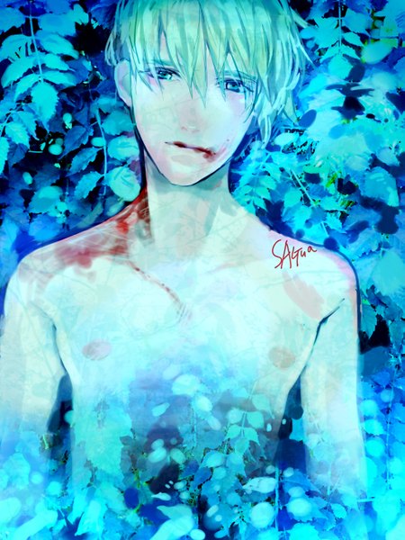 Anime picture 979x1306 with original sagua single tall image looking at viewer fringe blue eyes green eyes signed green hair blue background shirtless boy plant (plants) blood