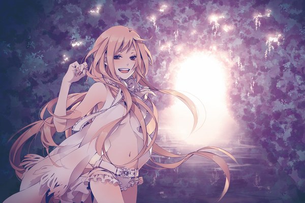 Anime picture 1000x668 with luminous arc luminous arc 2 althea nagi kanami single long hair looking at viewer blush open mouth light erotic blonde hair brown eyes wind sunlight girl navel plant (plants) shorts white shorts