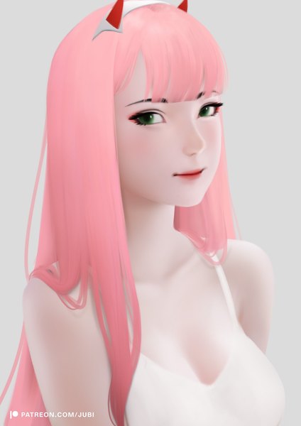 Anime picture 1240x1754 with darling in the franxx studio trigger zero two (darling in the franxx) jubi (regiana) single long hair tall image looking at viewer fringe light erotic simple background bare shoulders green eyes signed pink hair blunt bangs horn (horns) light smile grey background lipstick