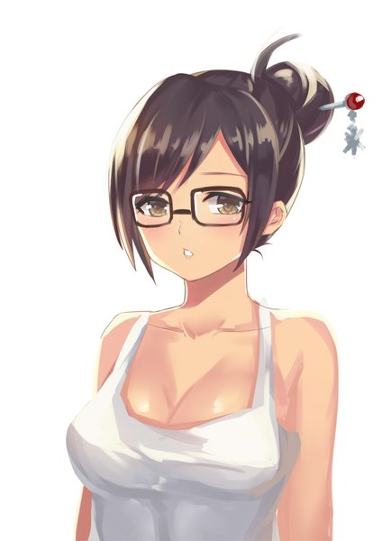 Anime picture 1240x1753 with overwatch blizzard entertainment mei (overwatch) o-yatsu single tall image blush fringe short hair breasts simple background brown hair large breasts white background bare shoulders brown eyes looking away cleavage upper body parted lips