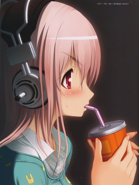 Anime picture 4868x6479 with nitroplus super sonico tsuji santa single long hair tall image blush highres pink hair absurdres profile pink eyes drinking girl headphones disposable cup