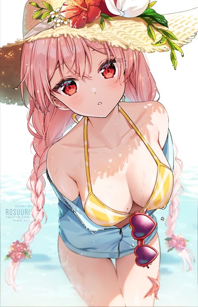 Anime picture 900x1394 with virtual youtuber atelier live pinku (vtuber) rosuuri single long hair tall image looking at viewer blush fringe breasts light erotic red eyes large breasts standing signed pink hair outdoors braid (braids) parted lips
