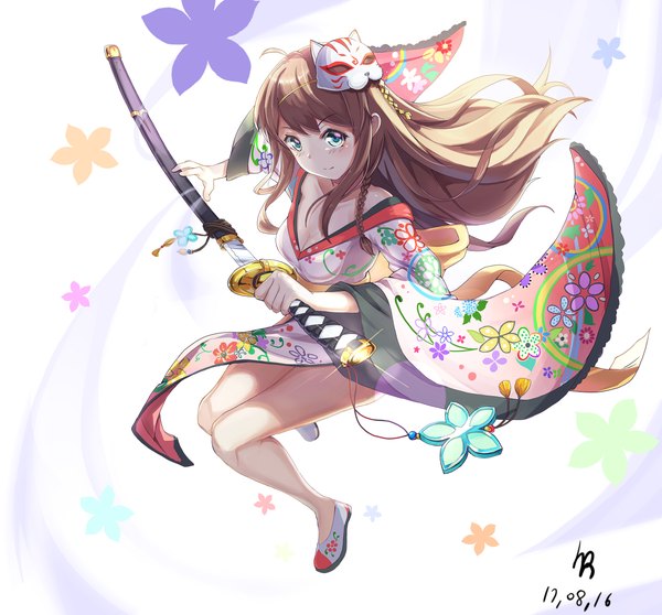 Anime picture 5594x5207 with original dampi single long hair looking at viewer highres breasts smile brown hair white background signed absurdres cleavage bent knee (knees) braid (braids) traditional clothes japanese clothes aqua eyes wide sleeves floral print