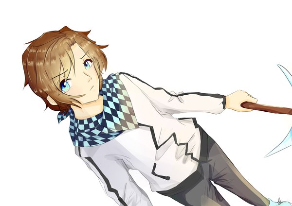 Anime-Bild 1920x1357 mit sero lynn single looking at viewer fringe highres short hair blue eyes simple background brown hair standing white background holding signed from above dutch angle checkered checkered scarf boy jacket scarf
