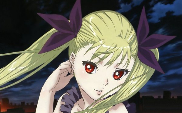 Anime picture 1440x900 with dance in the vampire bund shaft (studio) mina tepes blonde hair red eyes wide image twintails night loli close-up