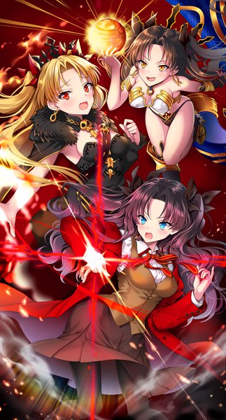 Anime picture 690x1279 with fate (series) fate/grand order toosaka rin ishtar (fate) ereshkigal (fate) uchuu gorira long hair tall image looking at viewer blush fringe breasts open mouth blue eyes light erotic blonde hair red eyes brown hair multiple girls holding
