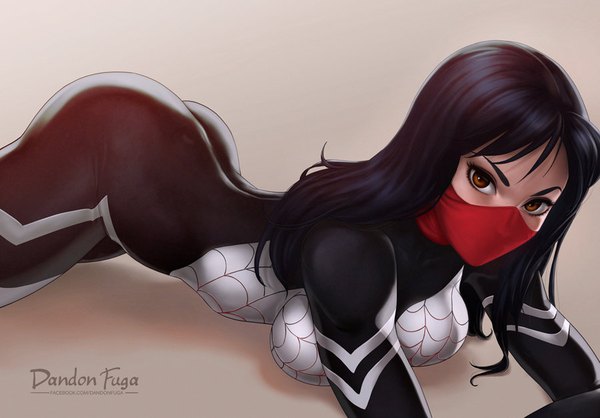 Anime picture 900x628 with marvel comics silk (marvel comics) dandon fuga single long hair looking at viewer breasts light erotic black hair simple background ass realistic orange eyes girl bodysuit mask