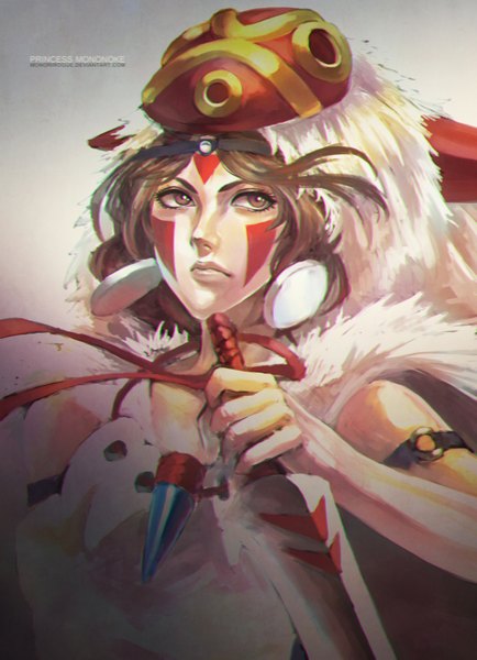 Anime picture 2426x3349 with mononoke hime studio ghibli san monori rogue single tall image highres short hair simple background brown hair brown eyes looking away lips inscription sleeveless facial mark mask on head girl earrings fur