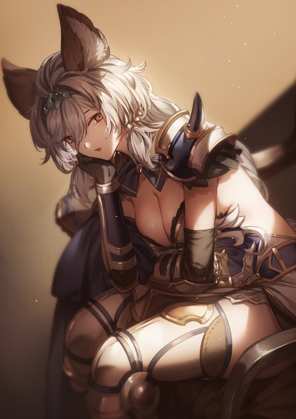 Anime picture 1400x1980 with granblue fantasy heles kyouya (mukuro238) single long hair tall image looking at viewer fringe breasts open mouth light erotic hair between eyes large breasts sitting brown eyes cleavage silver hair erune girl gloves