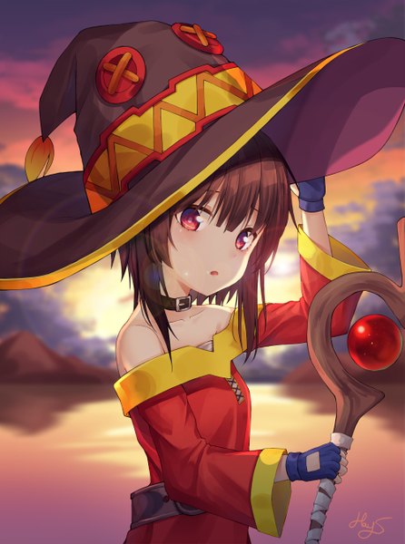 Anime picture 2000x2689 with kono subarashii sekai ni shukufuku wo! studio deen megumin yansae81 single long hair tall image looking at viewer blush fringe highres open mouth hair between eyes red eyes brown hair standing bare shoulders holding signed payot