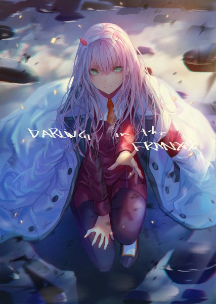 Anime picture 619x870 with darling in the franxx studio trigger zero two (darling in the franxx) lloule single long hair tall image looking at viewer fringe smile hair between eyes green eyes pink hair long sleeves copyright name kneeling outstretched hand clothes on shoulders girl uniform