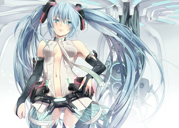 イラスト 1024x734 と ボーカロイド vocaloid append 初音ミク 初音ミクappend u介 ソロ 青い目 ツインテール 青い髪 very long hair 前から見えるお尻 女の子 手袋 へそ 髪飾り ネクタイ 長手袋