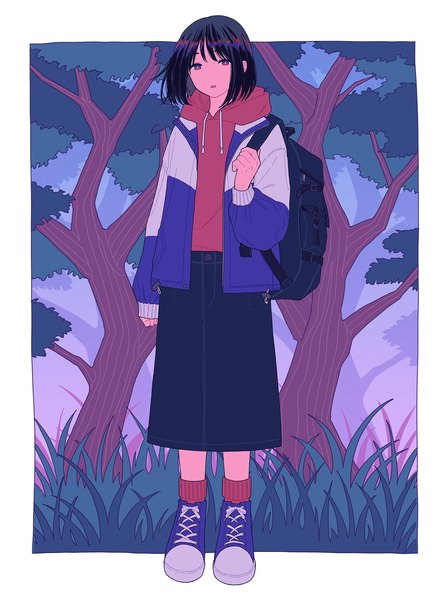 Anime picture 1487x2000 with original converse shi oo single tall image looking at viewer short hair black hair standing full body open jacket border outside border casual girl skirt plant (plants) tree (trees) jacket hood